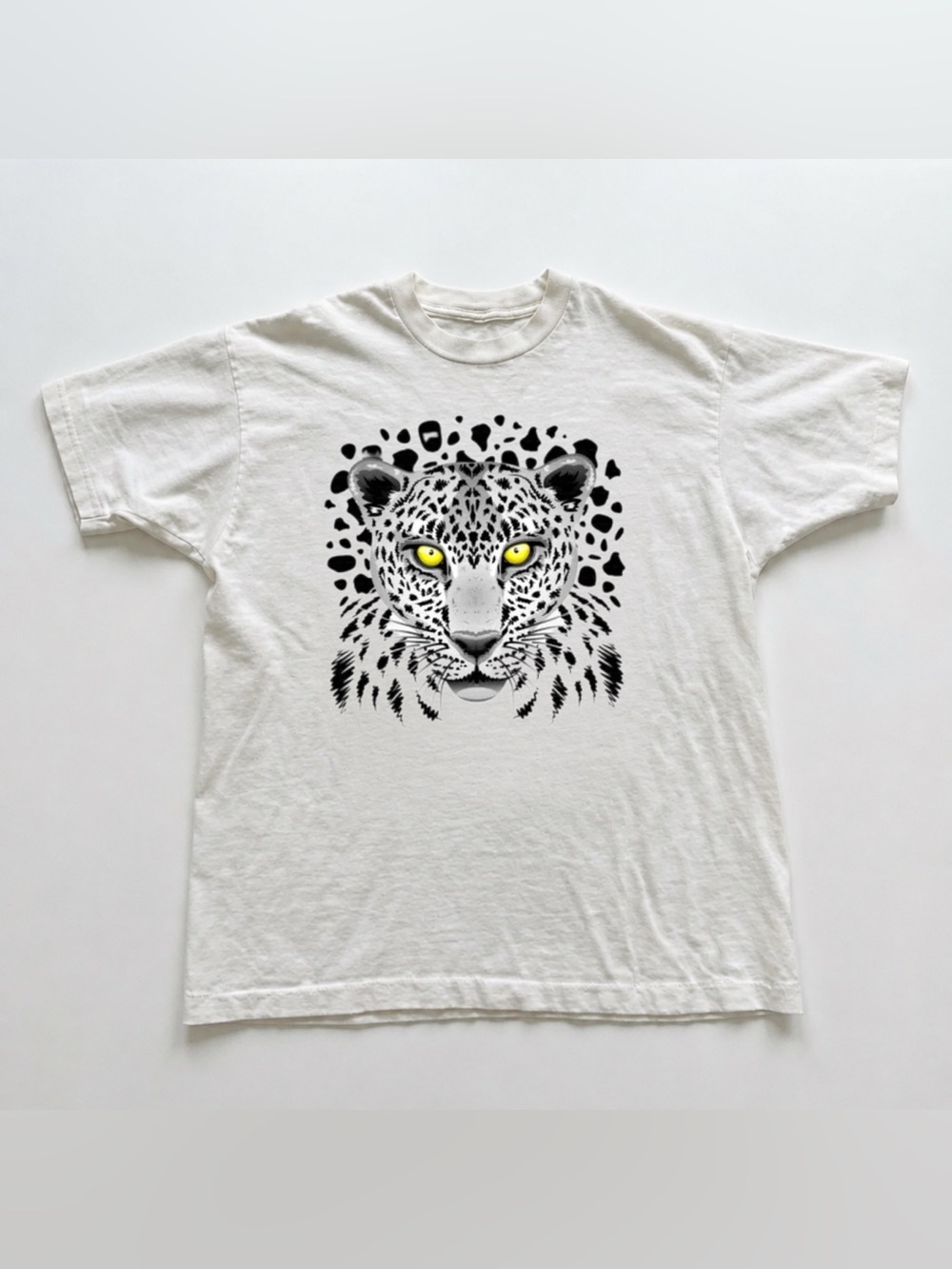 White Tee with Black Leopard Face and Yellow Eyes